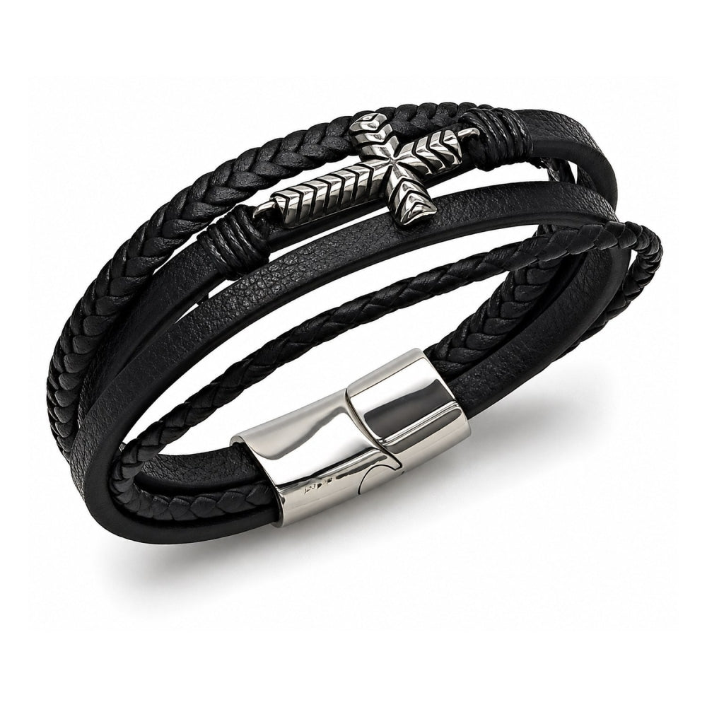 Stainless Steel Fancy Bracelet, Cross Design, Black Leather Finish, Steel Finish
