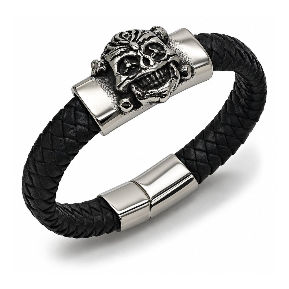 Stainless Steel Fancy Bracelet, Skull Design, Black Leather Finish, Steel Finish