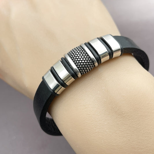 Stainless Steel Fancy Bracelet, Black Leather Finish, Steel Finish