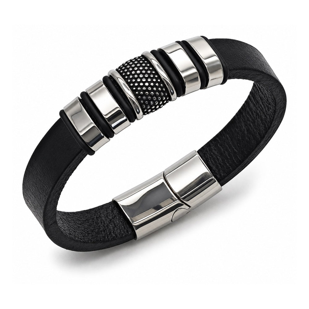 Stainless Steel Fancy Bracelet, Black Leather Finish, Steel Finish