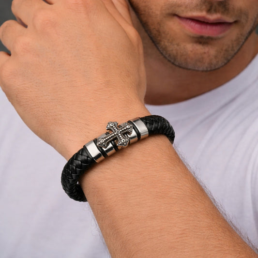 Stainless Steel Fancy Bracelet, Cross Design, Black Leather Finish, Steel Finish