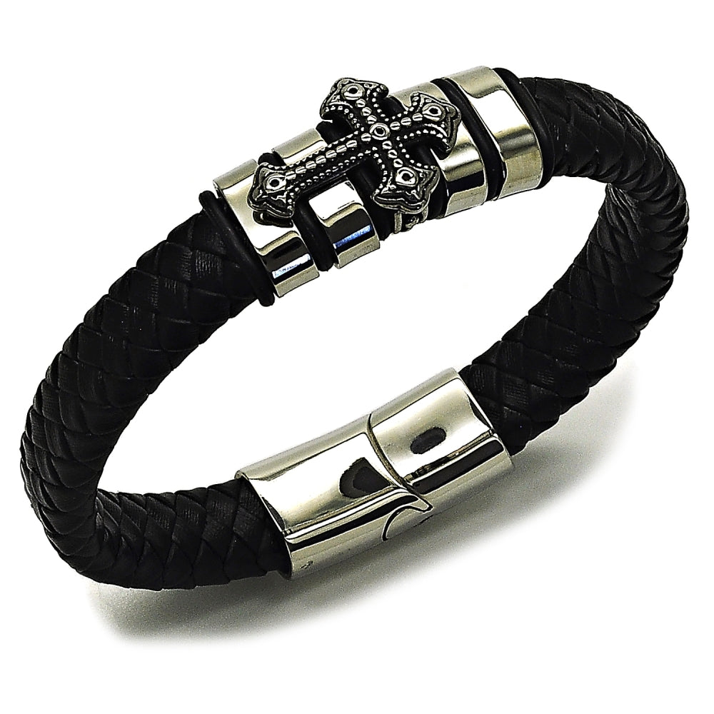 Stainless Steel Fancy Bracelet, Cross Design, Black Leather Finish, Steel Finish