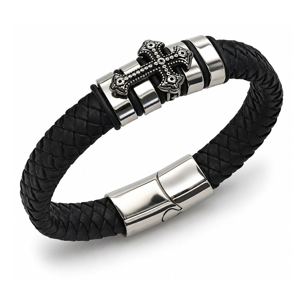 Stainless Steel Fancy Bracelet, Cross Design, Black Leather Finish, Steel Finish