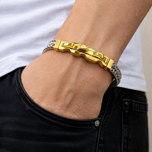 Stainless Steel Solid Bracelet, Square Franco Design, Polished, Two Tone