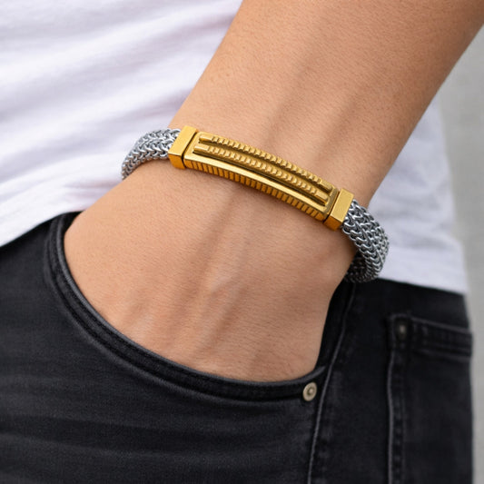 Stainless Steel Solid Bracelet, Square Franco Design, Polished, Two Tone