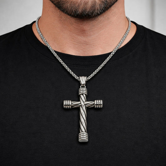 Stainless Steel Pendant Necklace, Box and Cross Design, Polished, Steel Finish