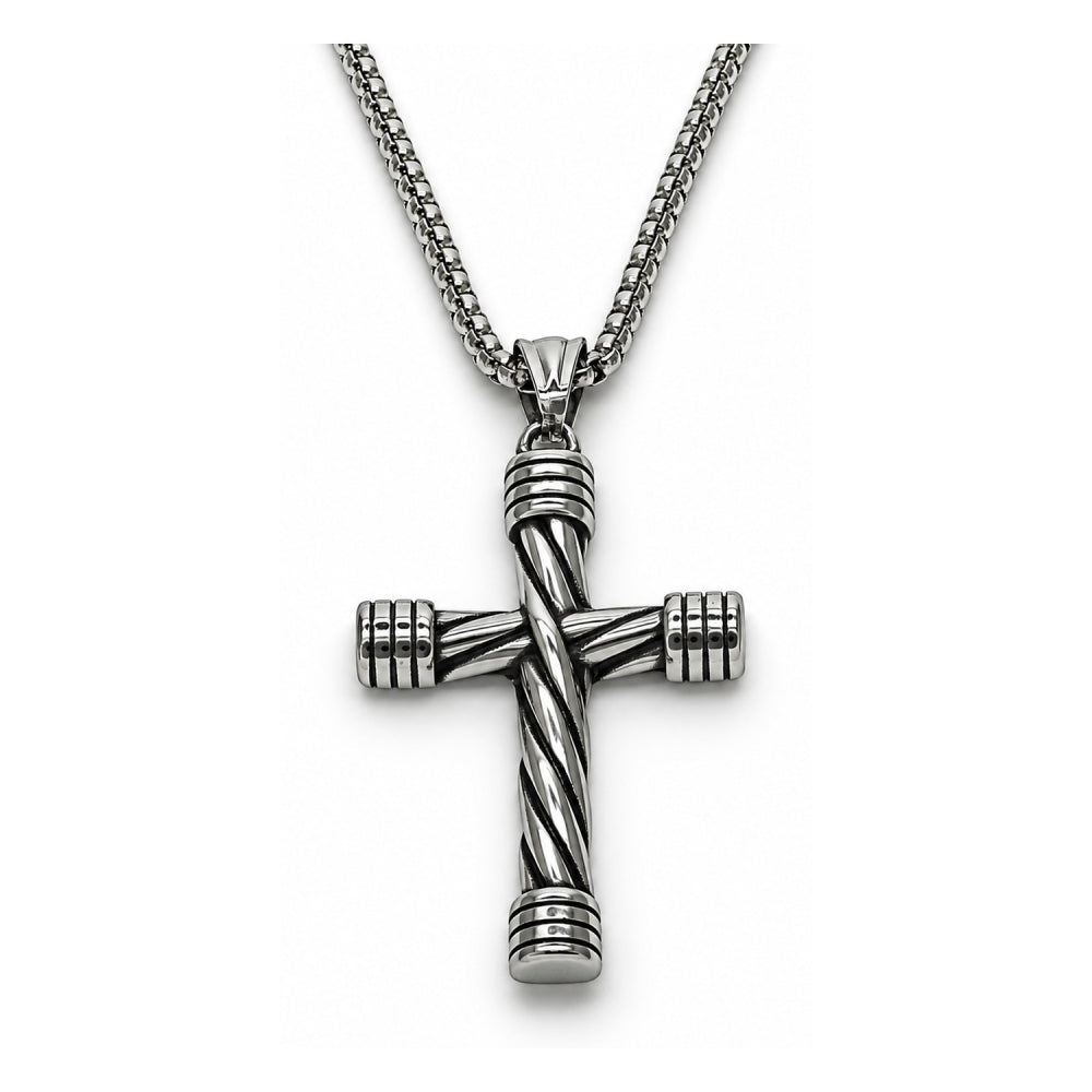 Stainless Steel Pendant Necklace, Box and Cross Design, Polished, Steel Finish