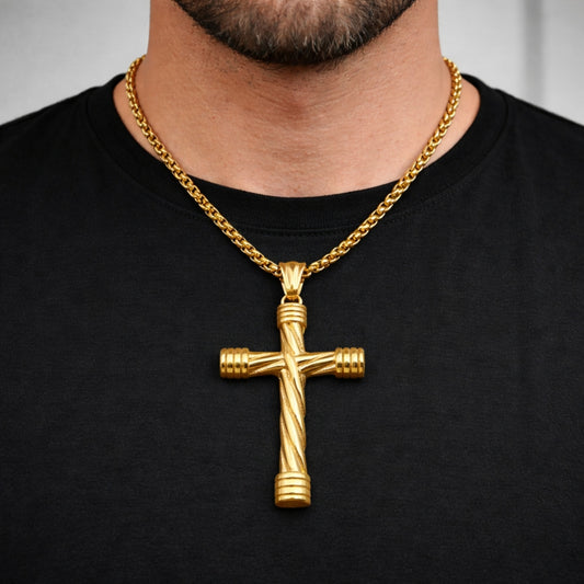 Stainless Steel Pendant Necklace, Box and Cross Design, Polished, Golden Finish