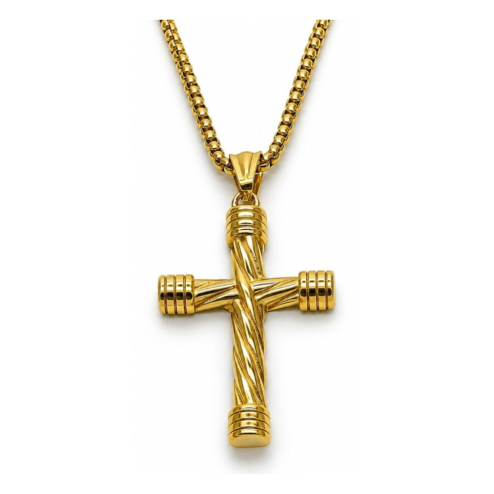 Stainless Steel Pendant Necklace, Box and Cross Design, Polished, Golden Finish