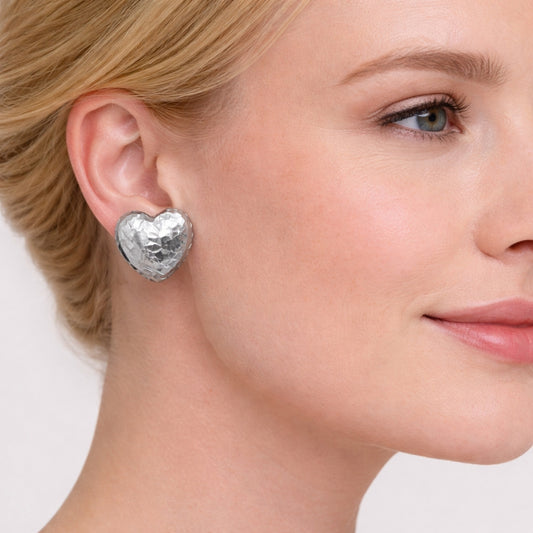 White Gold Filled Stud Earring, Heart Design, Diamond Cutting Finish, Rhodium Finish