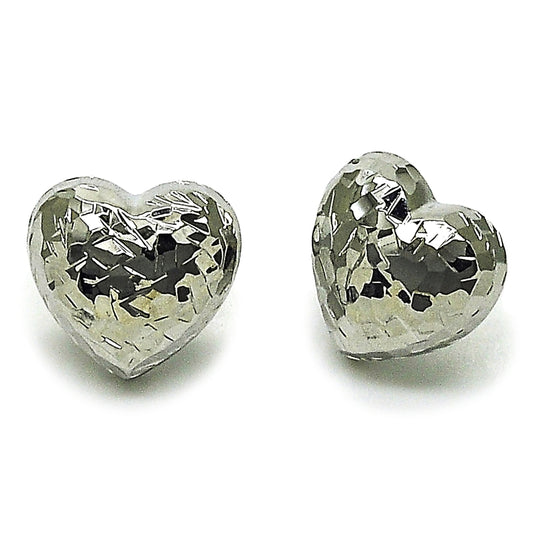 Rhodium Gold Filled Stud Earring, Heart Design, Diamond Cutting Finish, Rhodium Finish