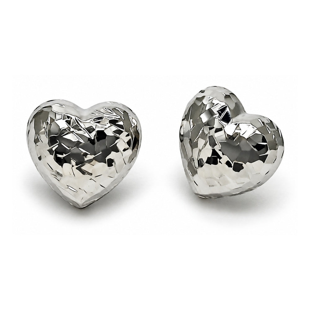 White Gold Filled Stud Earring, Heart Design, Diamond Cutting Finish, Rhodium Finish