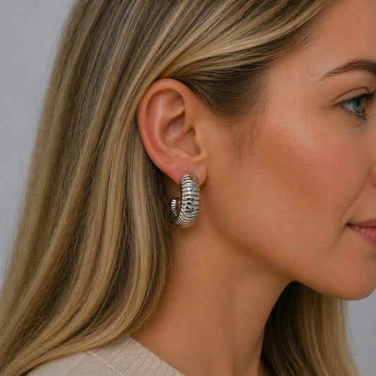 White Gold Filled Stud Earring, Hollow Design, Diamond Cutting Finish, Rhodium Finish