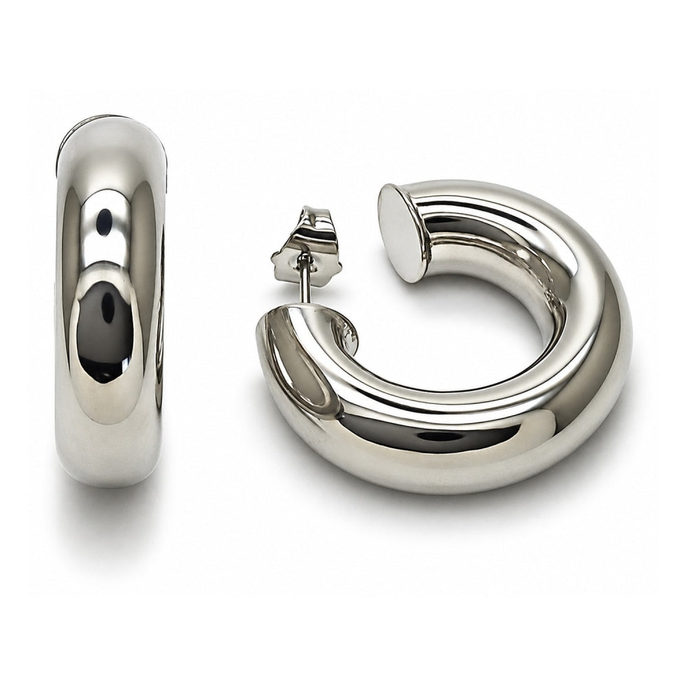 White Gold Filled Medium Hoop, Hollow Design, Polished, Rhodium Finish