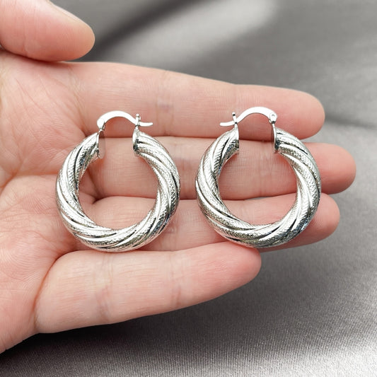 White Gold Filled Medium Hoop, Hollow Design, Matte Finish, Rhodium Finish