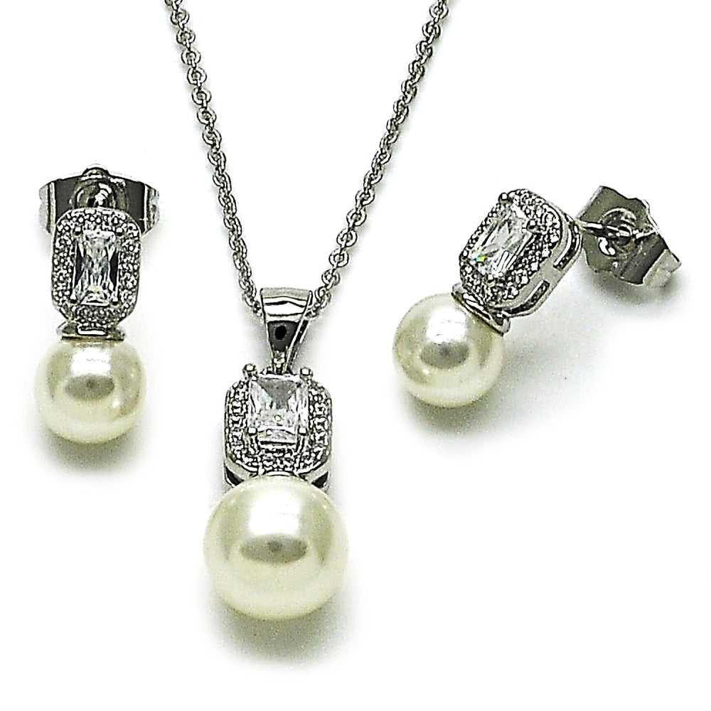 Rhodium Gold Filled Earring and Pendant Adult Set, Ball and Cluster Design, with White Cubic Zirconia and Ivory Pearl, Polished, Rhodium Finish
