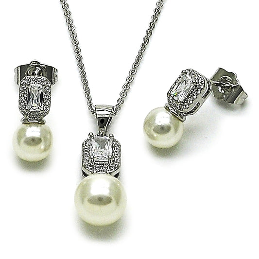 Rhodium Gold Filled Earring and Pendant Adult Set, Ball and Cluster Design, with White Cubic Zirconia and Ivory Pearl, Polished, Rhodium Finish