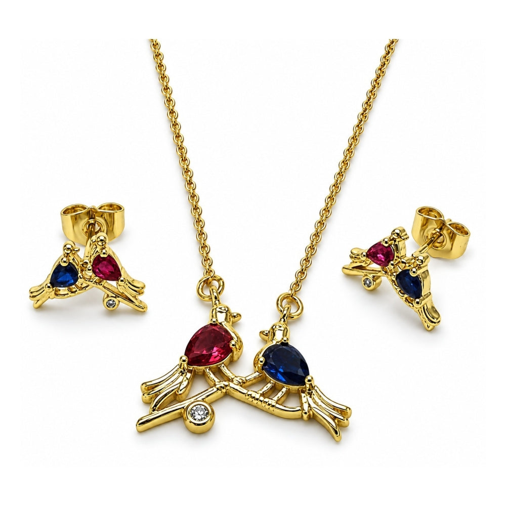 Oro Laminado Earring and Pendant Adult Set, Gold Filled Style Bird and Rolo Design, with Ruby and Sapphire Blue Cubic Zirconia, Polished, Golden Finish