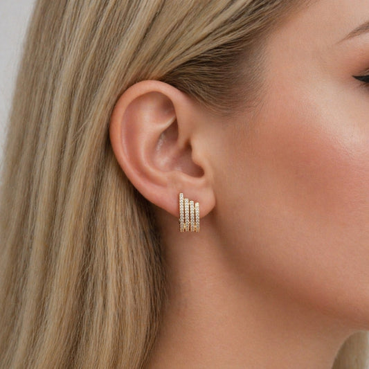 Oro Laminado Stud Earring, Gold Filled Style with White Micro Pave, Polished, Golden Finish