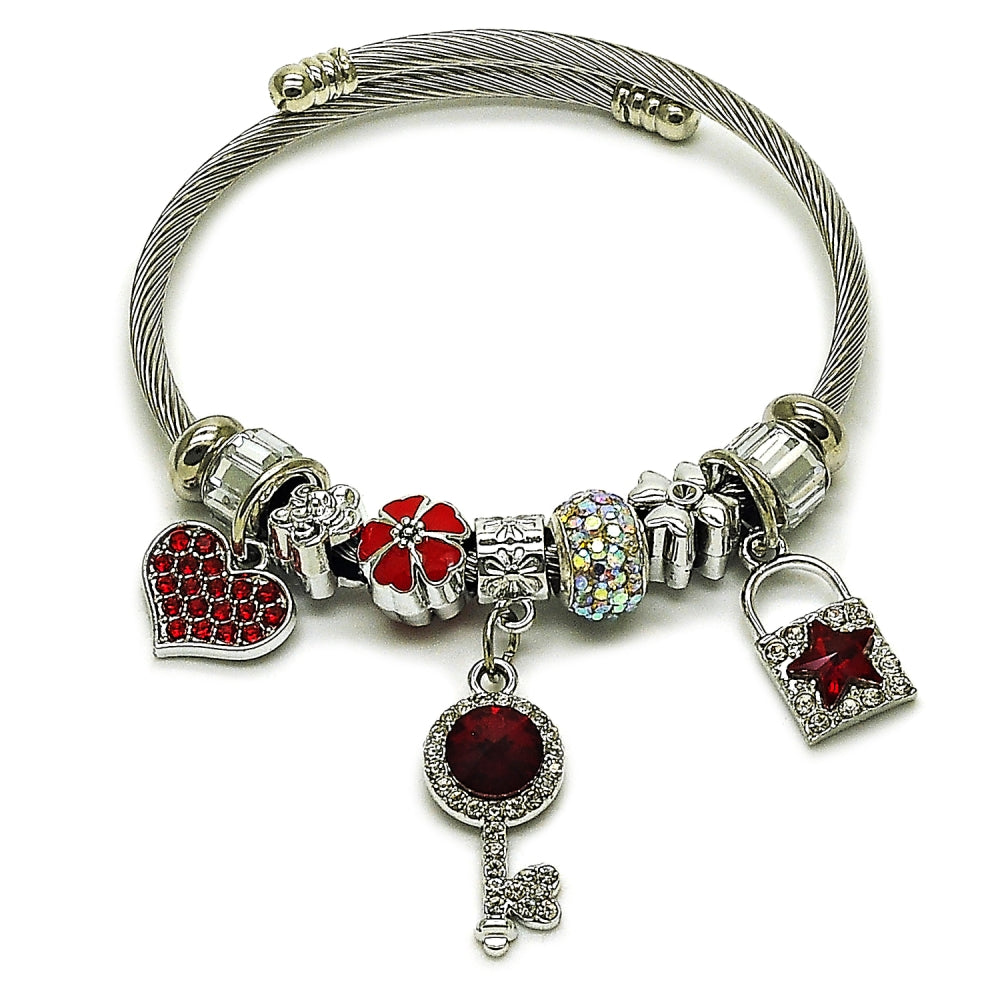 Stainless Steel Individual Bangle, key and Lock Design, with Aurore Boreale and Crystal Crystal, Red Enamel Finish, Steel Finish