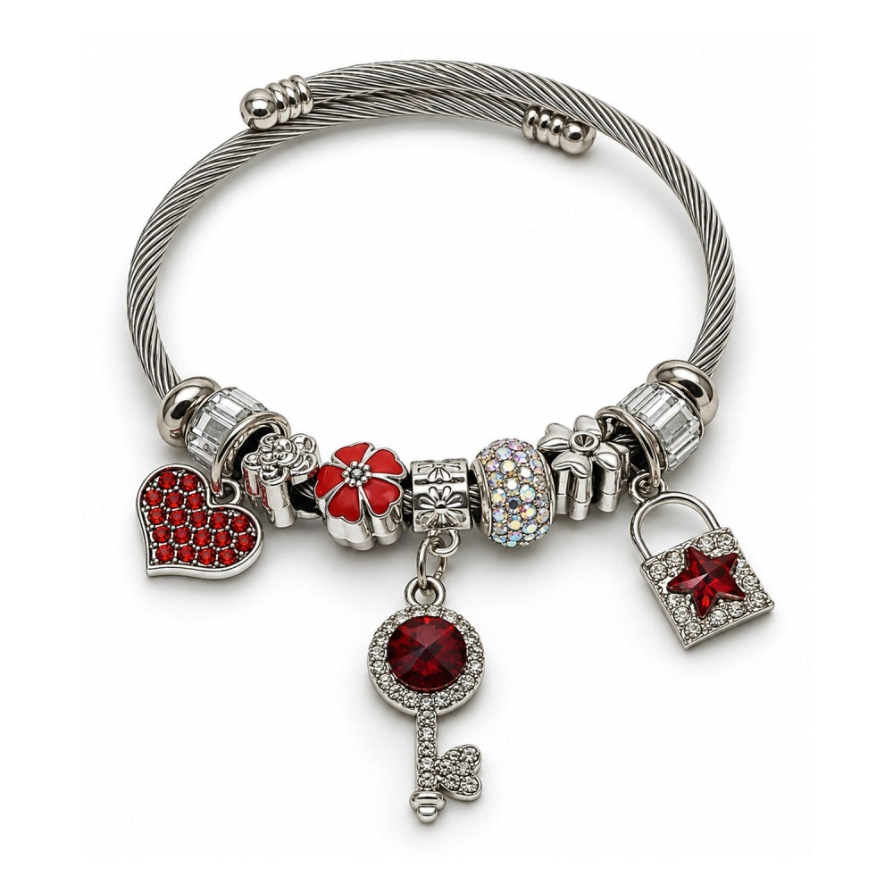 Stainless Steel Individual Bangle, key and Lock Design, with Aurore Boreale and Crystal Crystal, Red Enamel Finish, Steel Finish