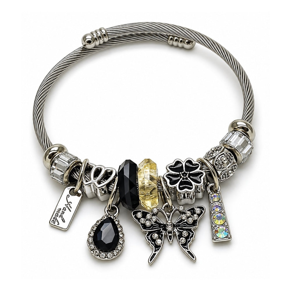Stainless Steel Individual Bangle, Butterfly and Flower Design, with Jet and Aurore Boreale Crystal, Black Enamel Finish, Steel Finish