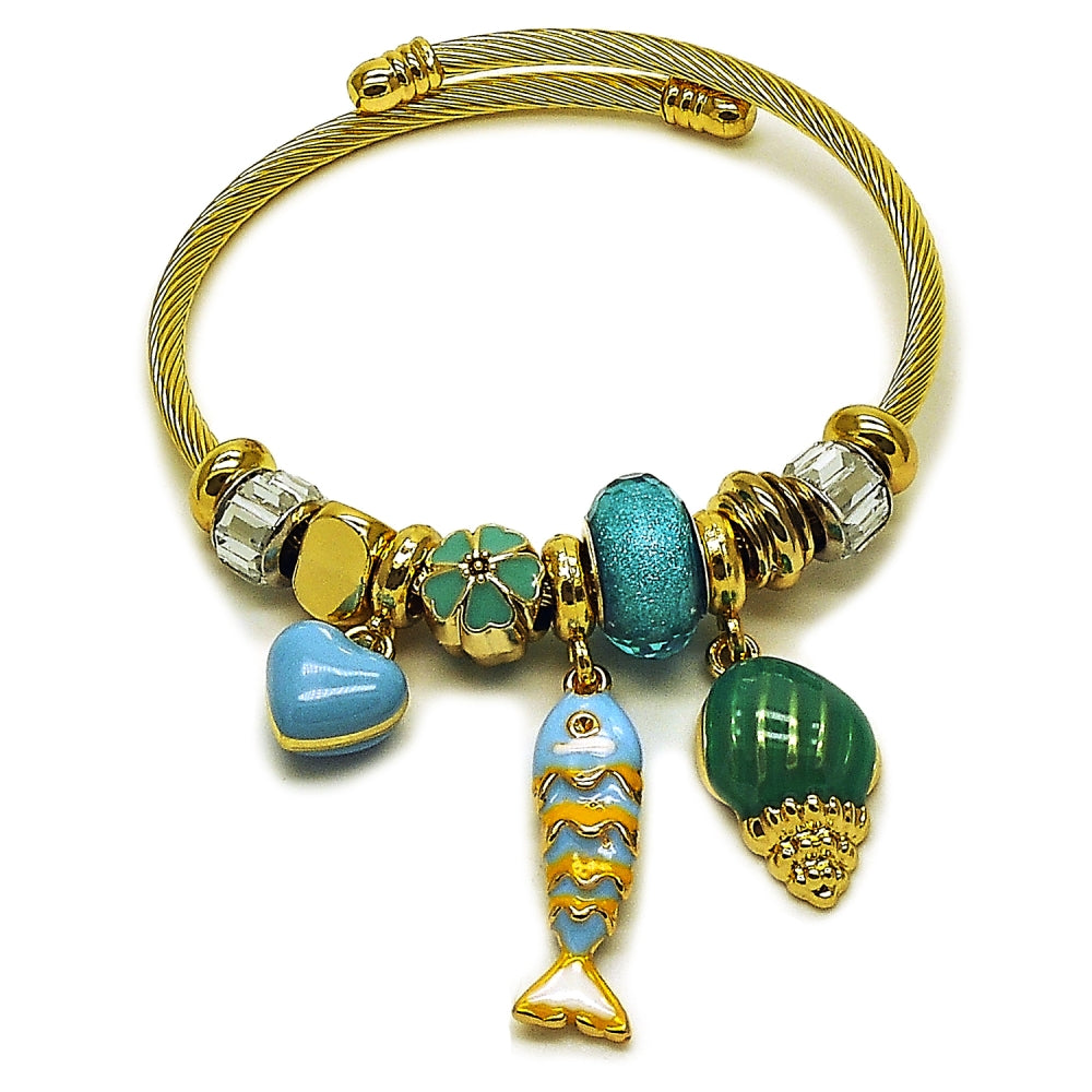 Stainless Steel Individual Bangle, Fish and Snail Design, with Light Turquoise and Crystal Crystal, Turquoise Enamel Finish, Golden Finish