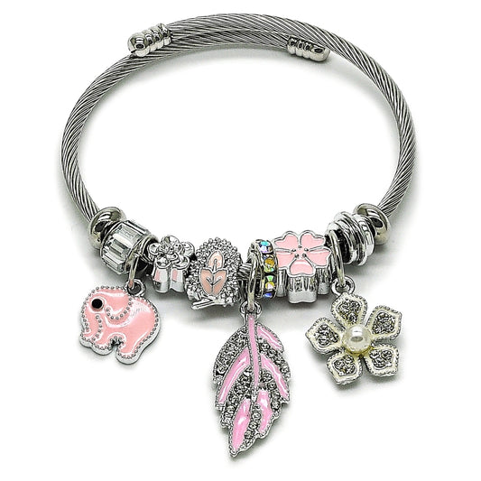 Stainless Steel Individual Bangle, Leaf and Elephant Design, with Crystal Crystal and Ivory Pearl, Pink Enamel Finish, Steel Finish
