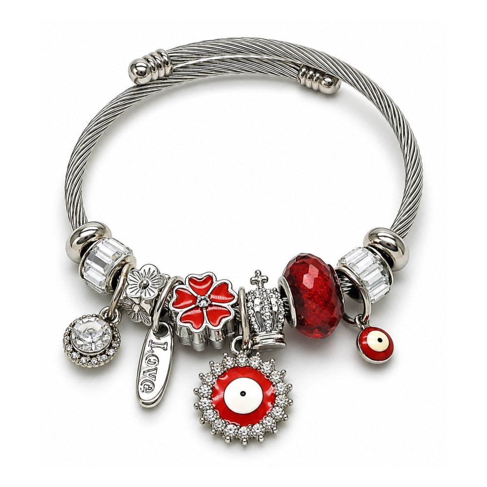 Stainless Steel Individual Bangle, Evil Eye and Flower Design, with Crystal and Siam Crystal, Red Enamel Finish, Steel Finish