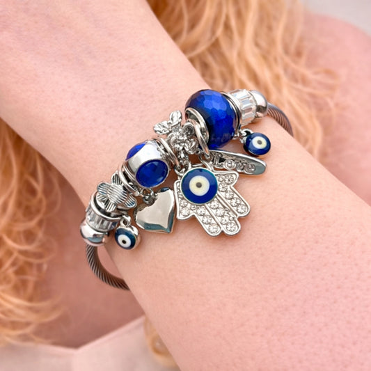 Stainless Steel Individual Bangle, Judaica and Hand of God Design, with Montana and Crystal Crystal, Blue Enamel Finish, Steel Finish