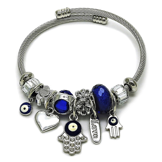 Stainless Steel Individual Bangle, Hand of God and Evil Eye Design, with Montana and Crystal Crystal, Blue Enamel Finish, Steel Finish