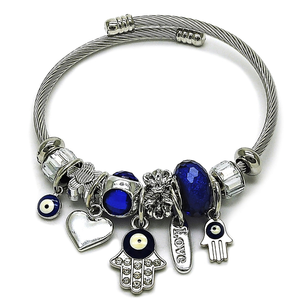 Stainless Steel Individual Bangle, Judaica and Hand of God Design, with Montana and Crystal Crystal, Blue Enamel Finish, Steel Finish
