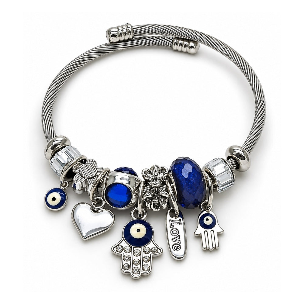 Stainless Steel Individual Bangle, Judaica and Hand of God Design, with Montana and Crystal Crystal, Blue Enamel Finish, Steel Finish
