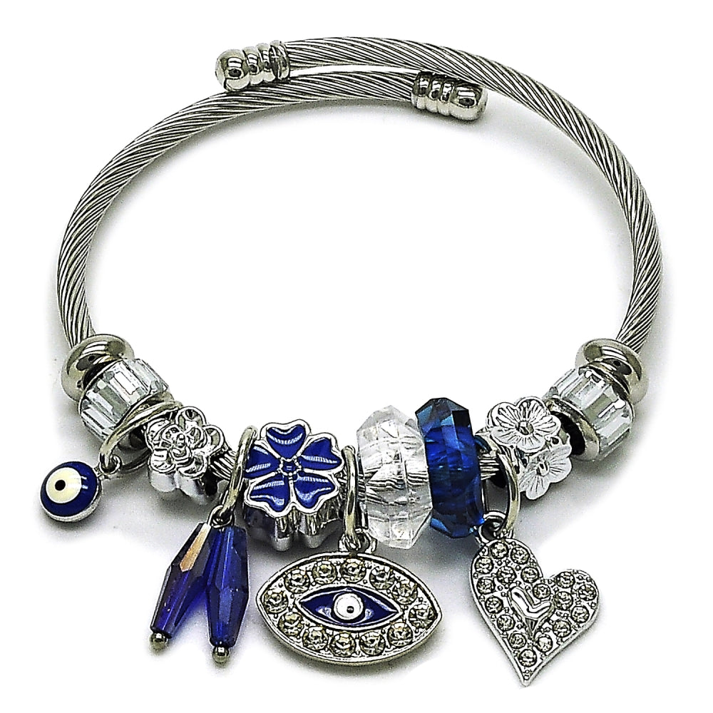 Stainless Steel Individual Bangle, Evil Eye and Heart Design, with Montana and Crystal Crystal, Blue Enamel Finish, Steel Finish