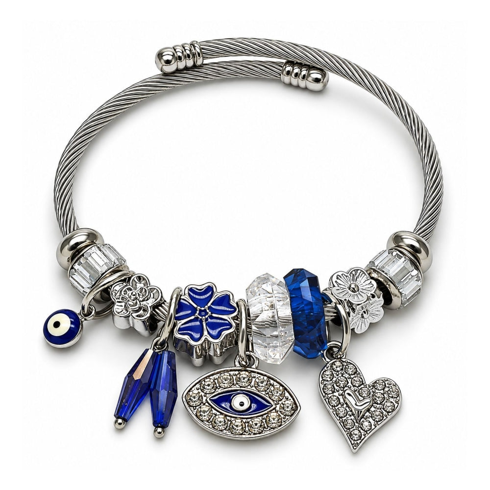 Stainless Steel Individual Bangle, Evil Eye and Heart Design, with Montana and Crystal Crystal, Blue Enamel Finish, Steel Finish
