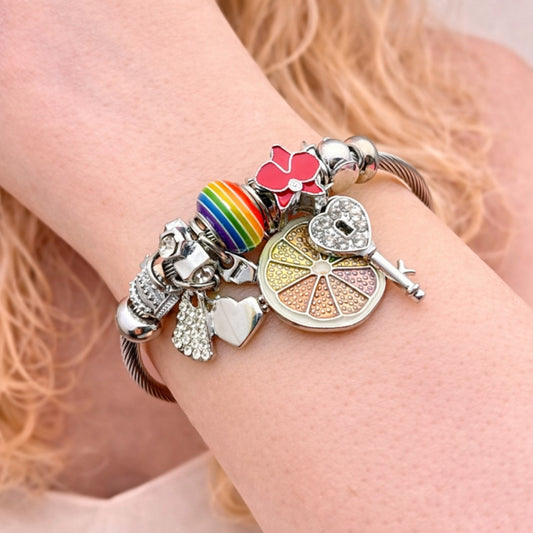 Stainless Steel Individual Bangle, key and Love Design, with Crystal Crystal, Red Enamel Finish, Steel Finish