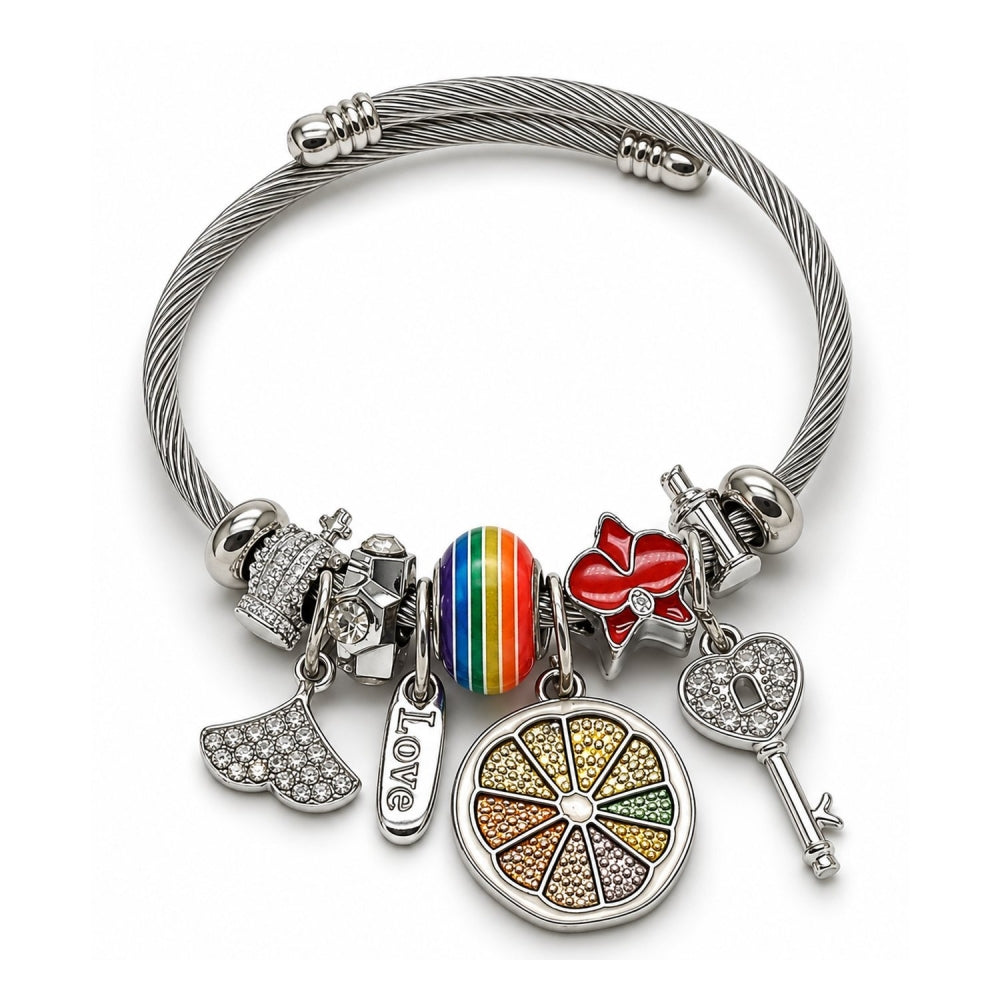 Stainless Steel Individual Bangle, key and Love Design, with Crystal Crystal, Red Enamel Finish, Steel Finish