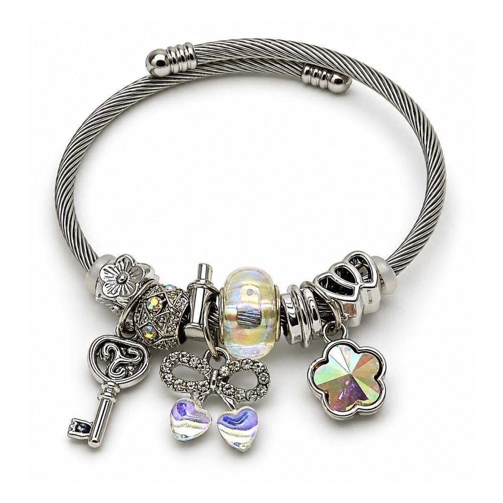Stainless Steel Individual Bangle, Cherry and Bow Design, with Aurore Boreale and Crystal Crystal, Polished, Steel Finish