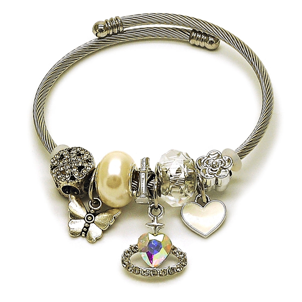 Stainless Steel Individual Bangle, Heart and Butterfly Design, with Aurore Boreale and Crystal Crystal, White Enamel Finish, Steel Finish