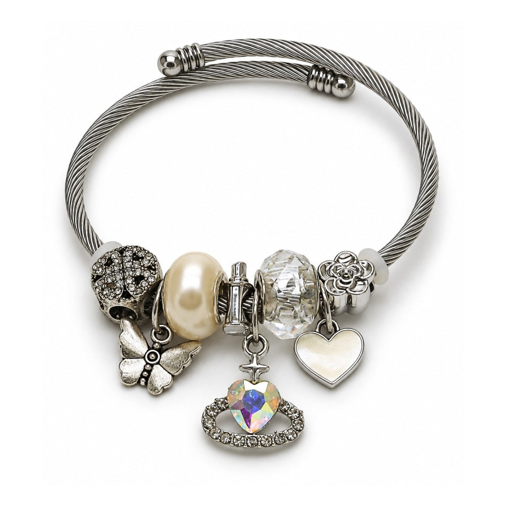 Stainless Steel Individual Bangle, Heart and Butterfly Design, with Aurore Boreale and Crystal Crystal, White Enamel Finish, Steel Finish