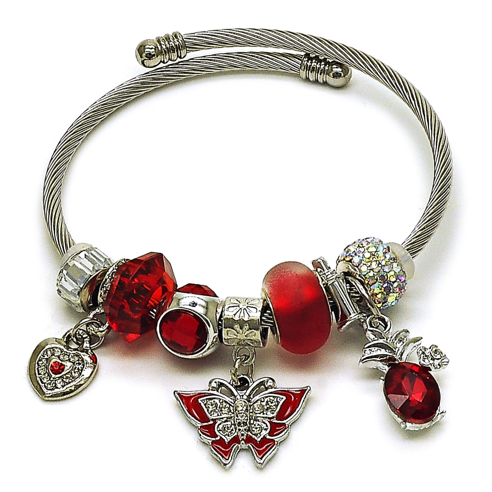 Stainless Steel Individual Bangle, Butterfly and Heart Design, with Crystal and Aurore Boreale Crystal, Red Enamel Finish, Steel Finish