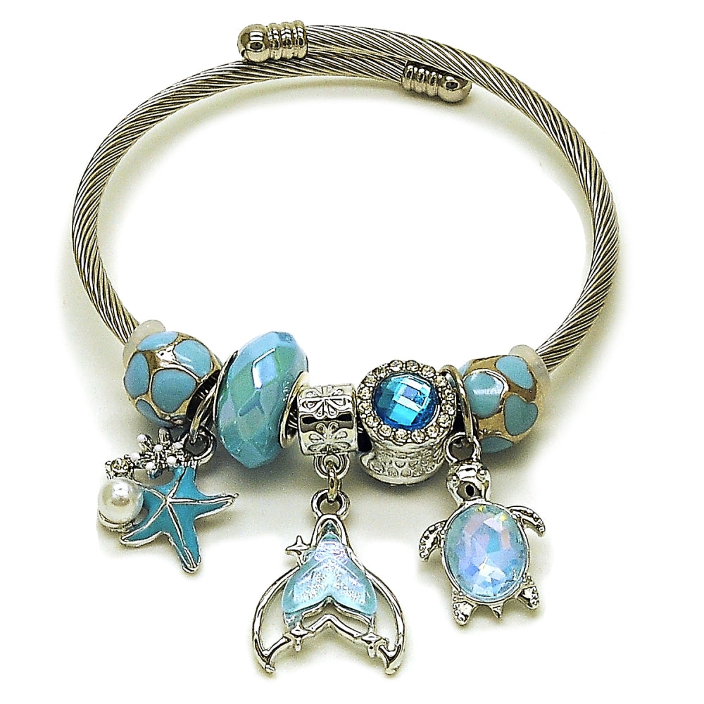 Stainless Steel Individual Bangle, Butterfly and Turtle Design, with Light Turquoise and Blue Zircon Crystal, Turquoise Enamel Finish, Steel Finish