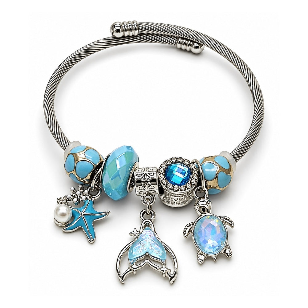 Stainless Steel Individual Bangle, Butterfly and Turtle Design, with Light Turquoise and Blue Zircon Crystal, Turquoise Enamel Finish, Steel Finish