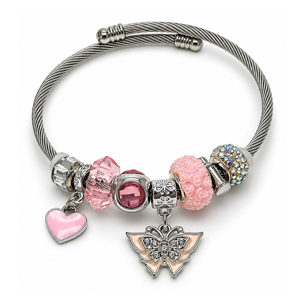 Stainless Steel Individual Bangle, Butterfly and Heart Design, with Light Rose and Crystal Crystal, Pink Enamel Finish, Steel Finish