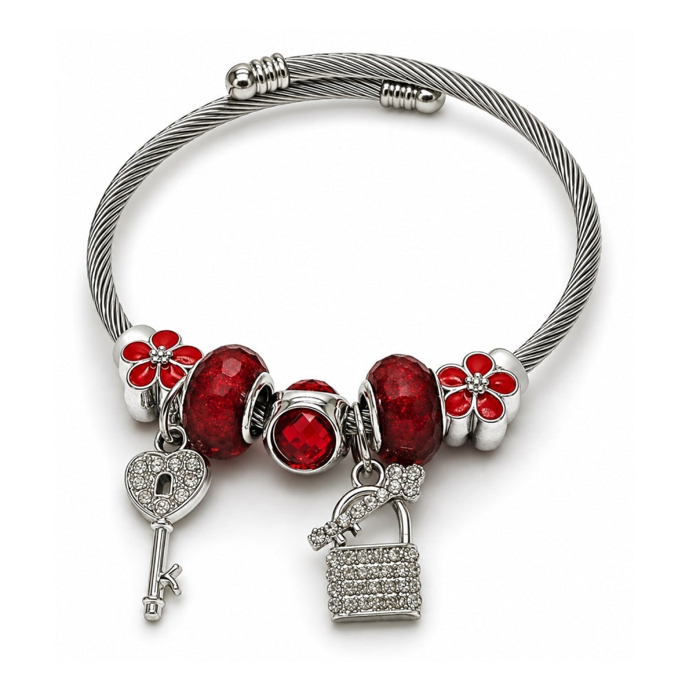 Stainless Steel Individual Bangle, key and Lock Design, with Siam and Crystal Crystal, Red Enamel Finish, Steel Finish