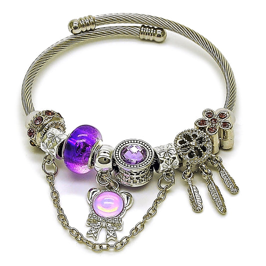 Stainless Steel Individual Bangle, Little Girl and Flower Design, with Tanzanite Crystal, Polished, Steel Finish
