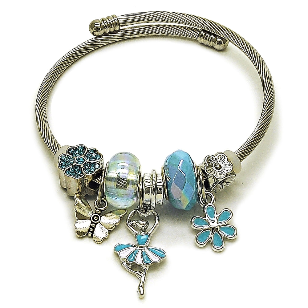 Stainless Steel Individual Bangle, Little Girl and Flower Design, with Light Turquoise and Crystal Crystal, Turquoise Enamel Finish, Steel Finish