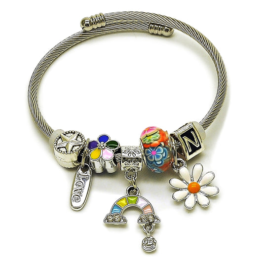 Stainless Steel Individual Bangle, Flower and Horseshoe Design, with Crystal Crystal, Multicolor Enamel Finish, Steel Finish