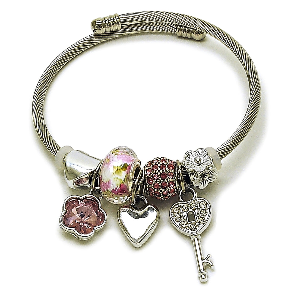 Stainless Steel Individual Bangle, Greek Key and Flower Design, with Light Rose and Crystal Crystal, Polished, Steel Finish