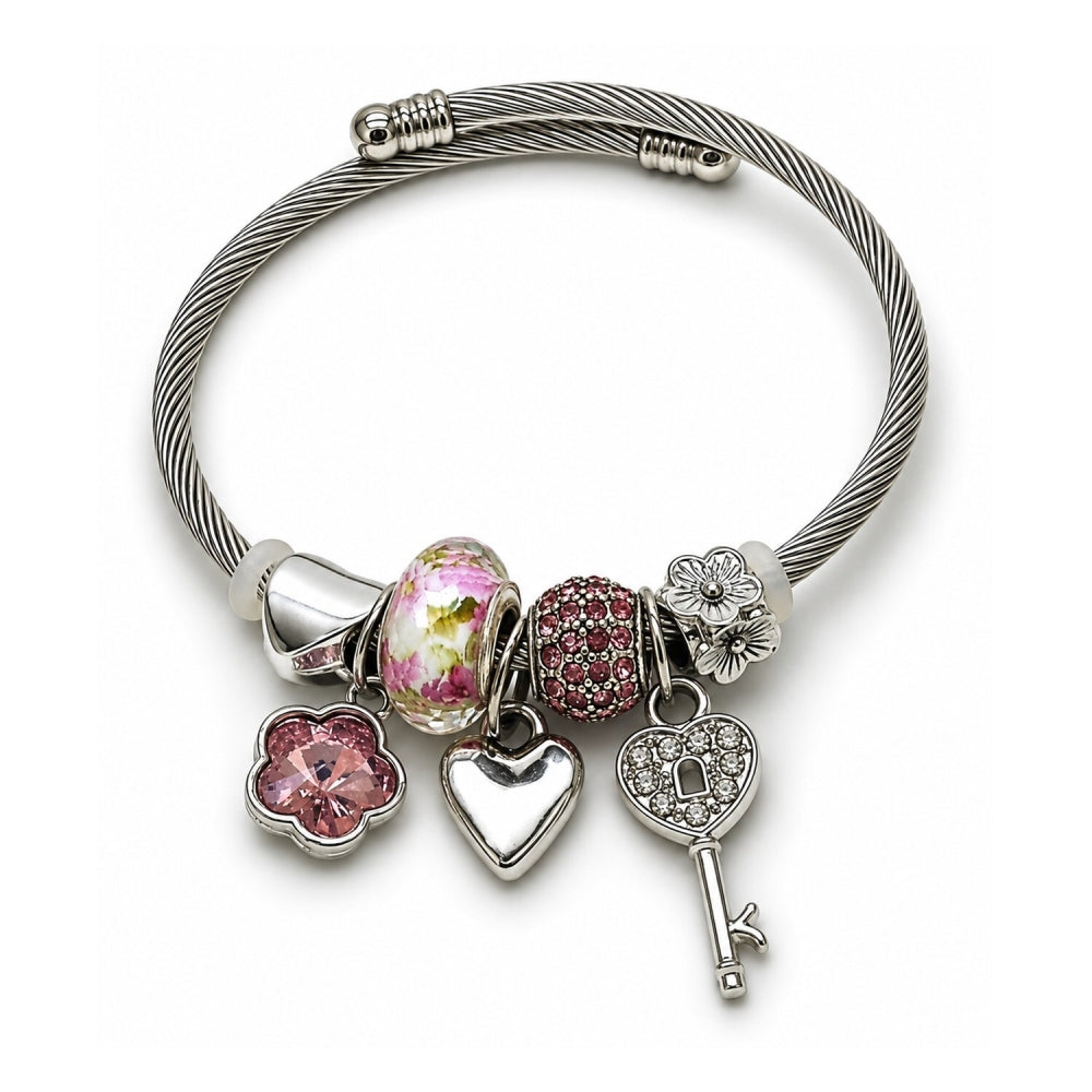 Stainless Steel Individual Bangle, Greek Key and Flower Design, with Light Rose and Crystal Crystal, Polished, Steel Finish
